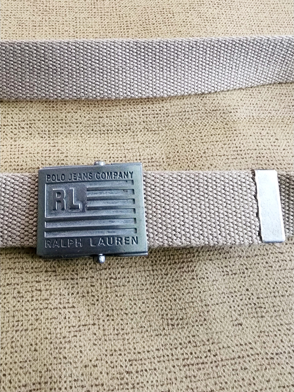 Ralph Lauren Vintage Beige Canvas Web Belt with Metal RL Flag Logo Buckle - Picture 3 of 10